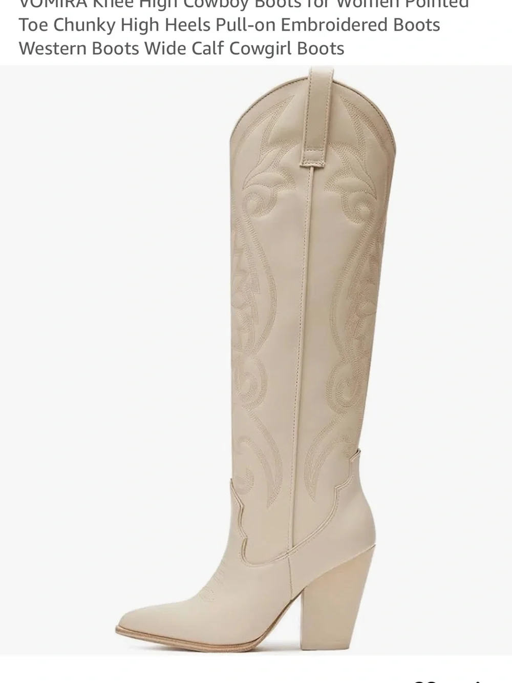 Knee-High Cream Pointed-Toe Western Over-the-Knee Boots